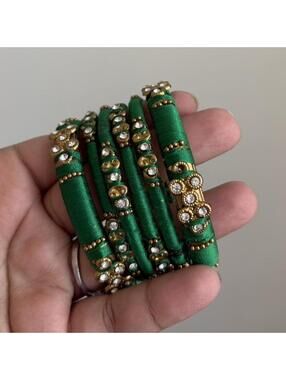 Green silk thread bangles with gold beads and rhinestones #bangles #jewelry